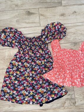 GAP Girls XS Floral Blue Dress Puff Ruffle Sleeves Roughing Peplum Top Pink